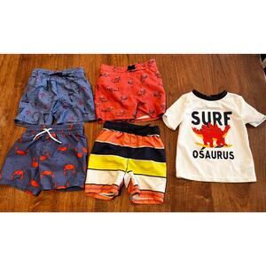 Toddler Boy Swim Lot – 4 Swim Trunks + Surf-osaurus Rashguard Shirt – Size 2T